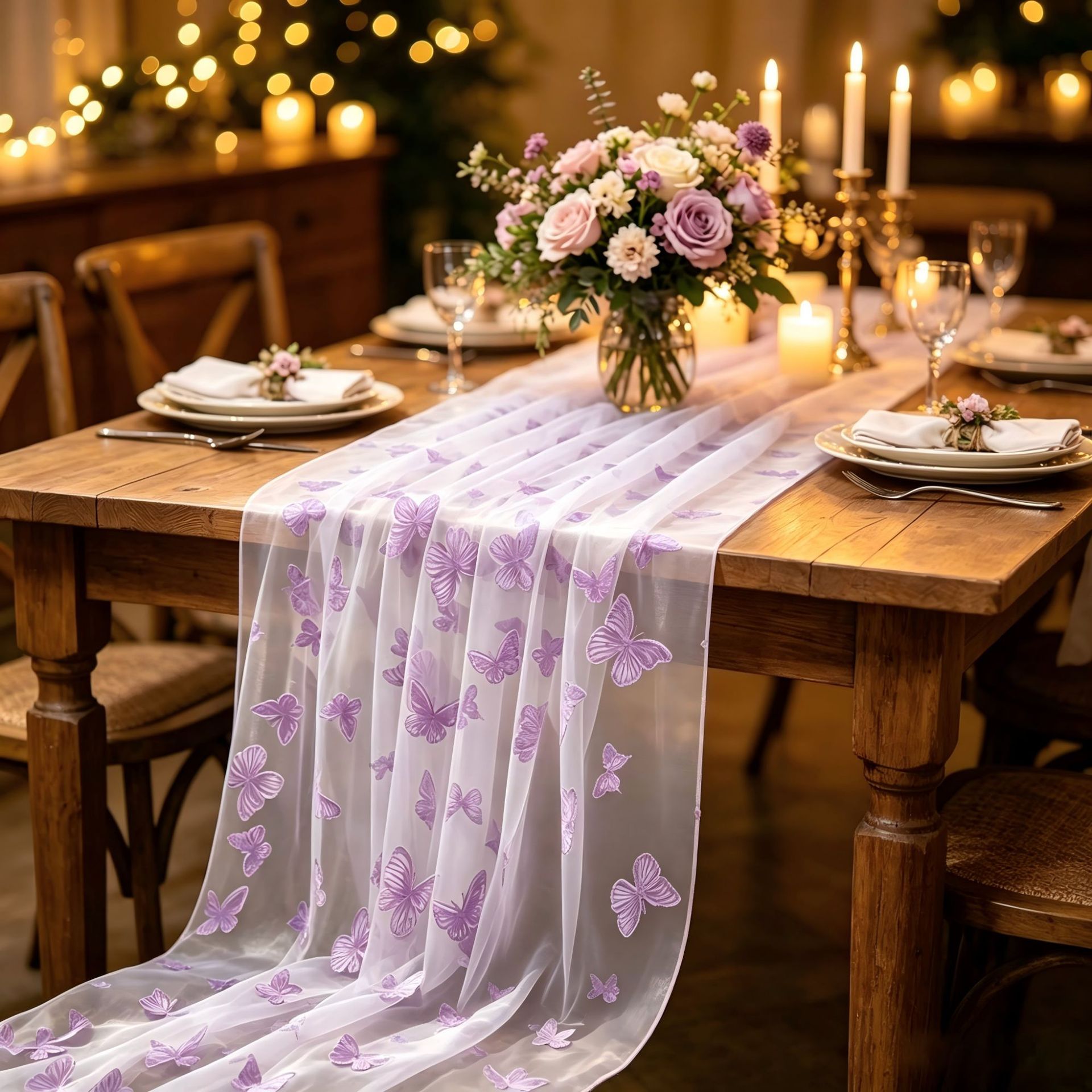 Christmas Table Runner - Нейлоновая тюлевая скатерть-дорожка с флокированными бабочками,